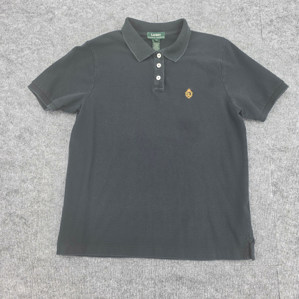 Lauren Ralph Lauren Womens Black Pique Polo Shirt Gold Crest Logo Size M